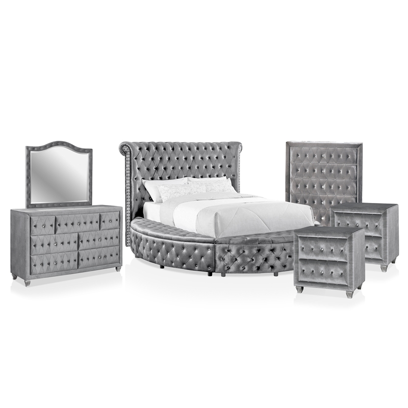 FOA Vriam 6pc Gray Fabric Bed Set-Cal King+2 Nightstands+Chest+Dresser+Mirror
