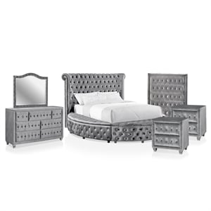FOA Vriam 6pc Gray Fabric Bed Set-Cal King+2 Nightstands+Chest+Dresser+Mirror