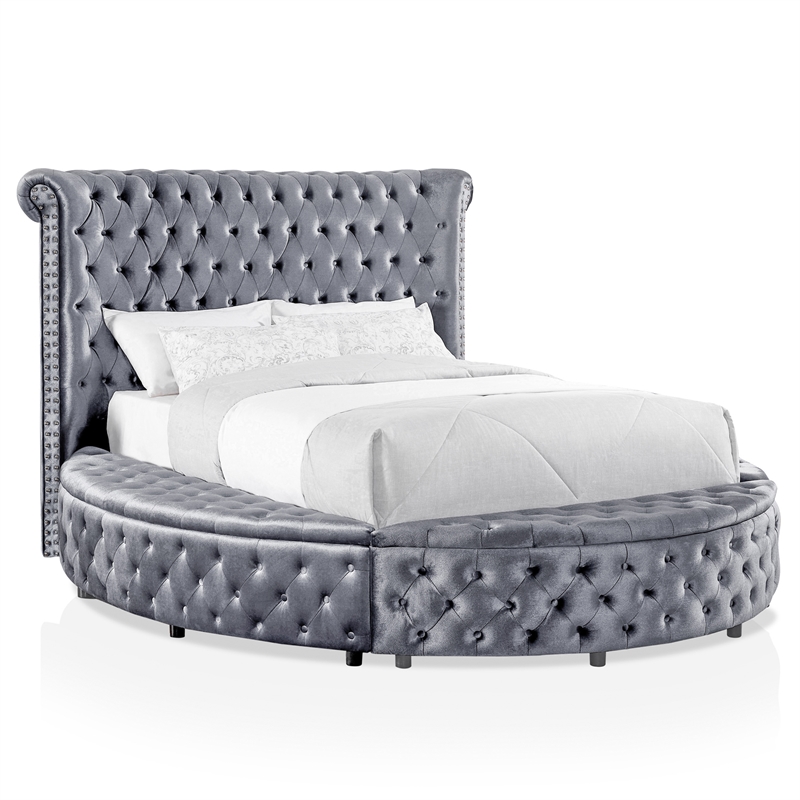 FOA Vriam 6pc Gray Fabric Bed Set-King+2 Nightstands+Chest+Dresser+Mirror