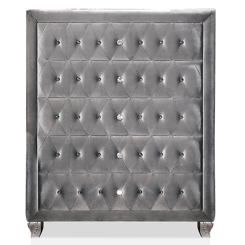 FOA Vriam 6pc Gray Fabric Bed Set-King+2 Nightstands+Chest+Dresser+Mirror