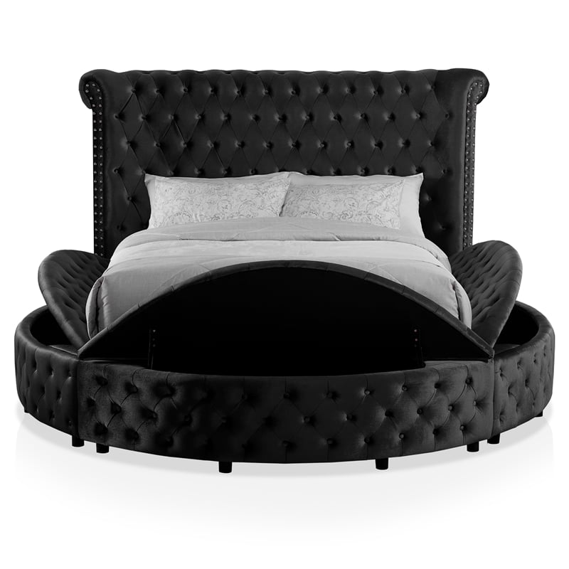 Furniture of America Vriam Glam Fabric Wingback Storage King Bed in Black
