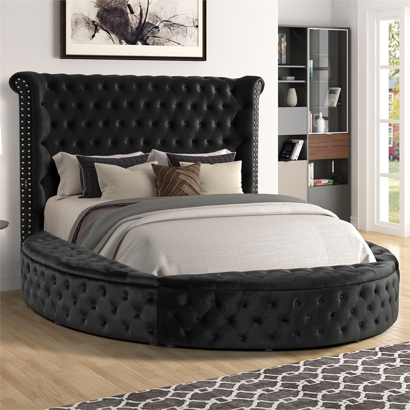 Furniture of America Vriam Glam Fabric Wingback Storage King Bed in Black