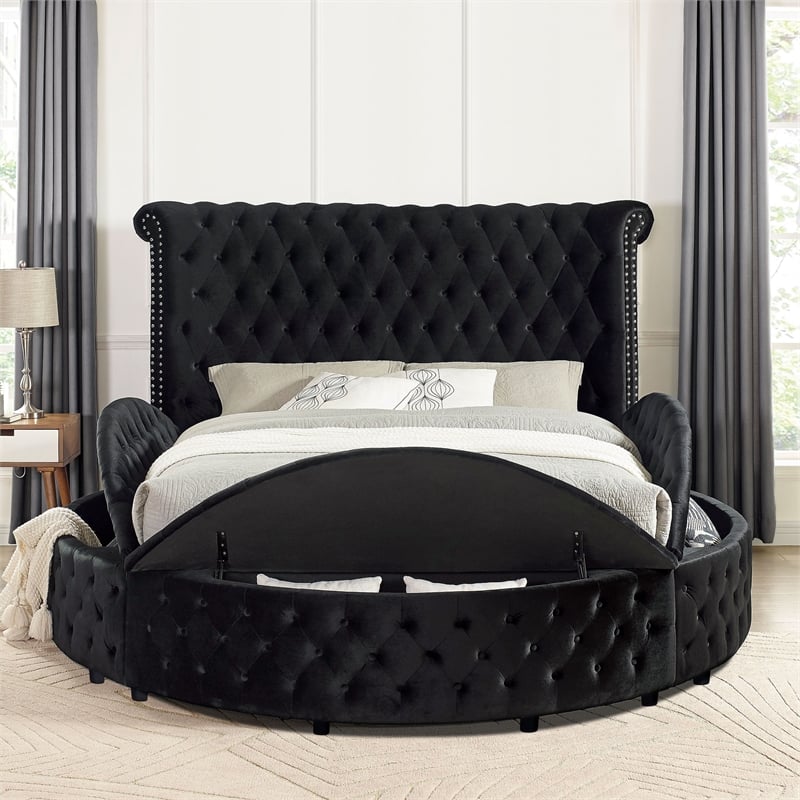 Furniture of America Vriam Glam Fabric Wingback Storage King Bed in Black