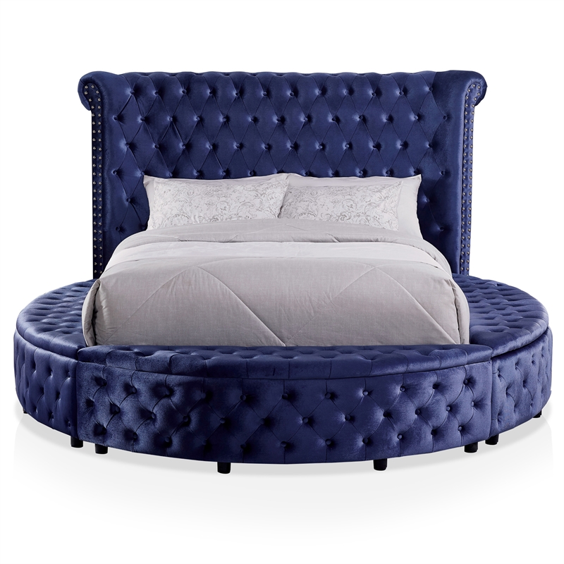 Furniture of America Vriam Glam Fabric Wingback Storage King Bed in Blue
