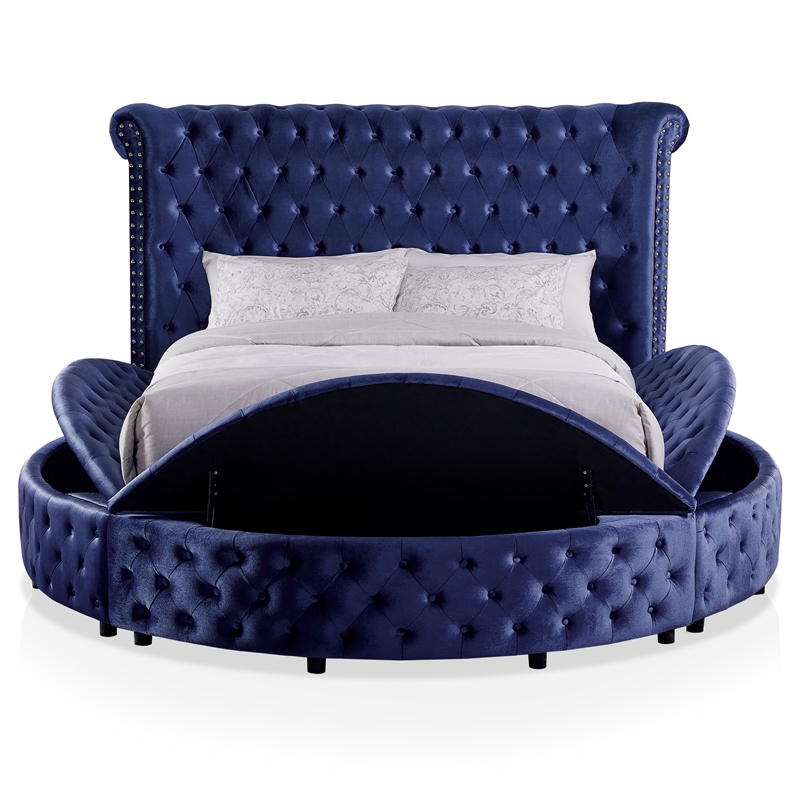 Furniture of America Vriam Glam Fabric Wingback Storage King Bed in Blue