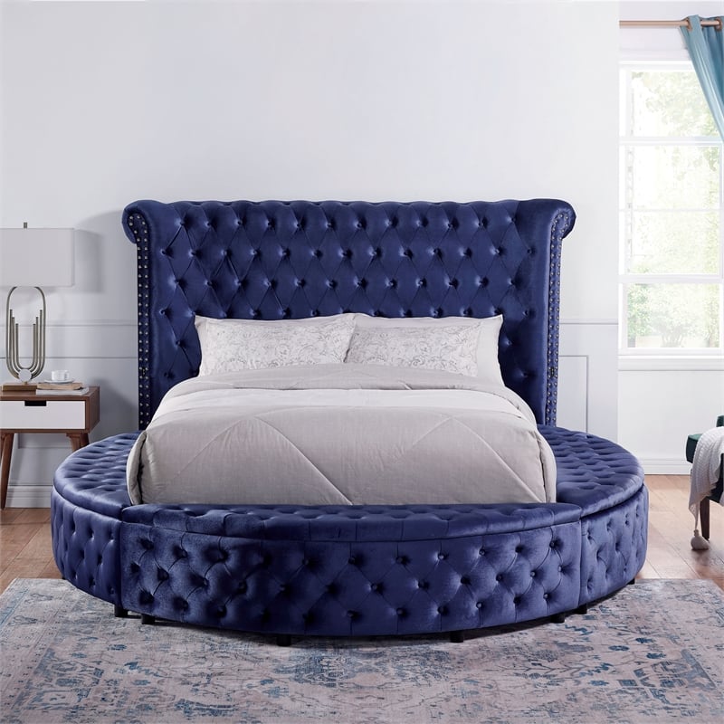 Furniture of America Vriam Glam Fabric Wingback Storage King Bed in Blue