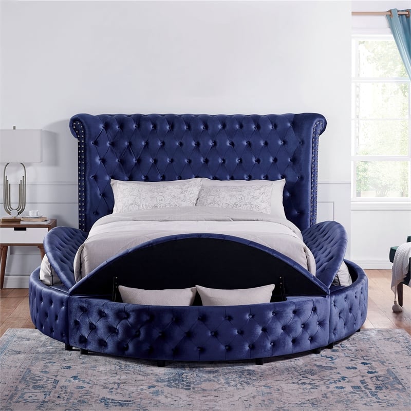 Furniture of America Vriam Glam Fabric Wingback Storage King Bed in Blue