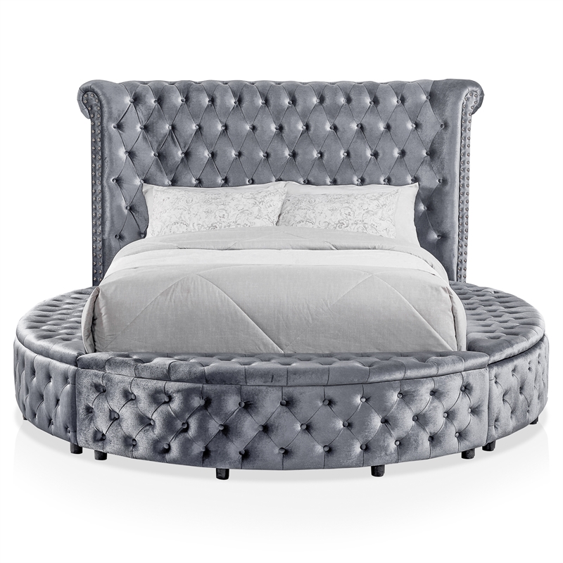 Furniture of America Vriam Glam Fabric Wingback Storage King Bed in Gray