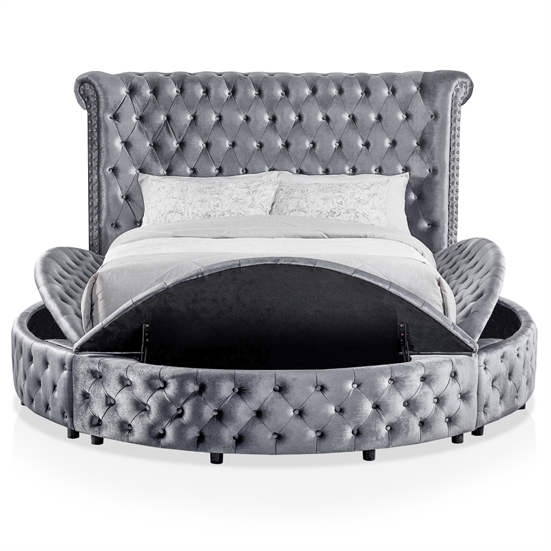 Furniture of America Vriam Glam Fabric Wingback Storage King Bed in Gray