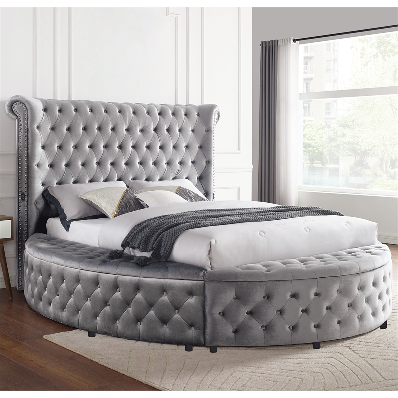 Furniture of America Vriam Glam Fabric Wingback Storage King Bed in Gray