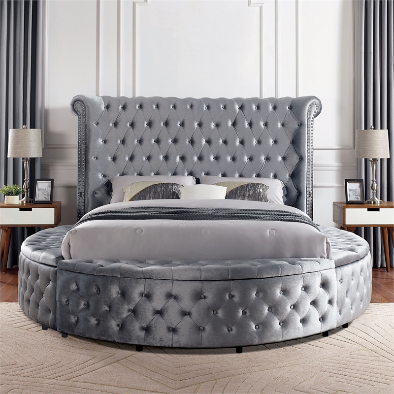 Furniture of America Vriam Glam Fabric Wingback Storage King Bed in Gray