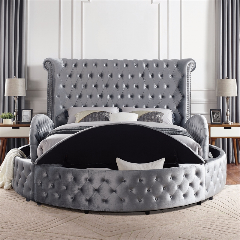 Furniture of America Vriam Glam Fabric Wingback Storage King Bed in Gray