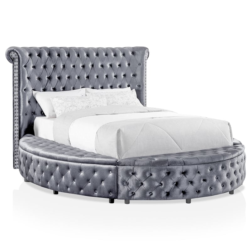 Furniture of America Vriam Glam Fabric Wingback Storage King Bed in Gray