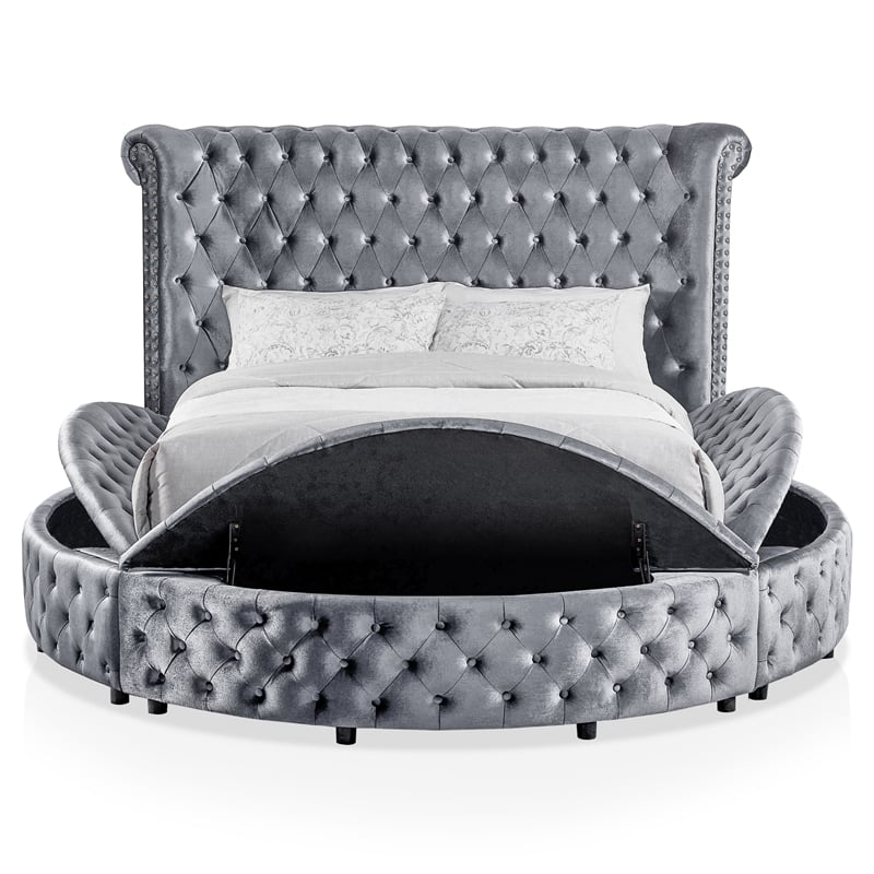 FOA Vriam 5pc Gray Fabric Bedroom Set - Cal King+2 Nightstands+Dresser+Mirror