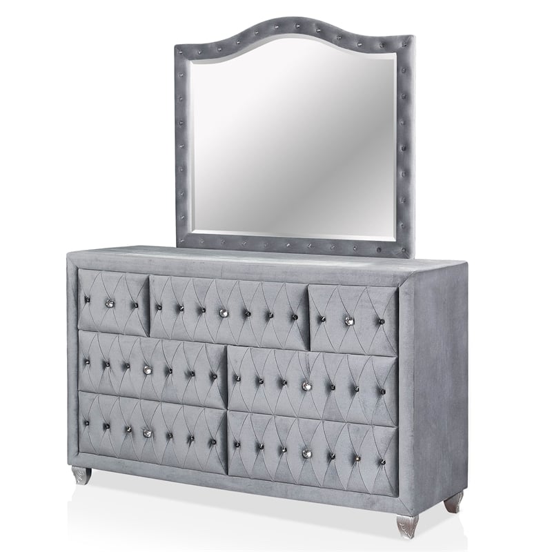 FOA Vriam 5pc Gray Fabric Bedroom Set - Cal King+2 Nightstands+Dresser+Mirror