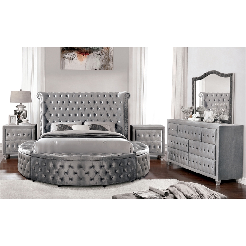 FOA Vriam 5pc Gray Fabric Bedroom Set - Cal King+2 Nightstands+Dresser+Mirror