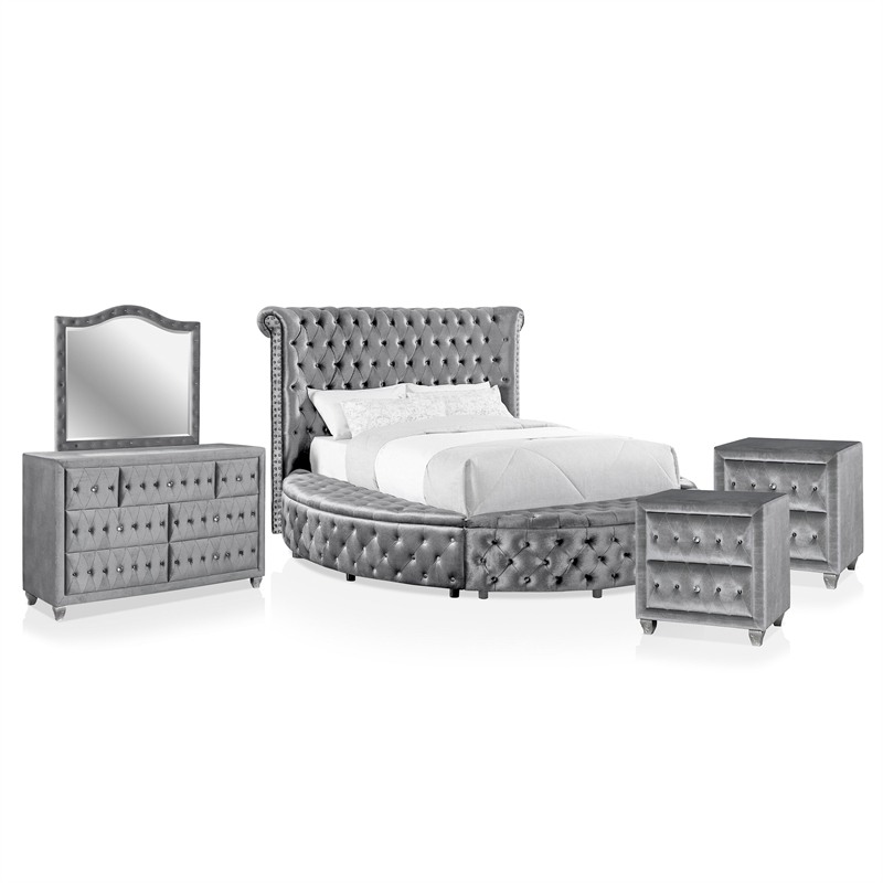 FOA Vriam 5pc Gray Fabric Bedroom Set - Cal King+2 Nightstands+Dresser+Mirror