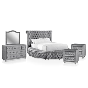 FOA Vriam 5pc Gray Fabric Bedroom Set - Cal King+2 Nightstands+Dresser+Mirror