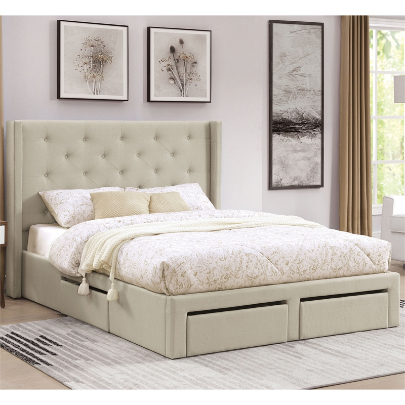 Furniture of America Laron Contemporary Fabric Storage Cal King Bed in Beige