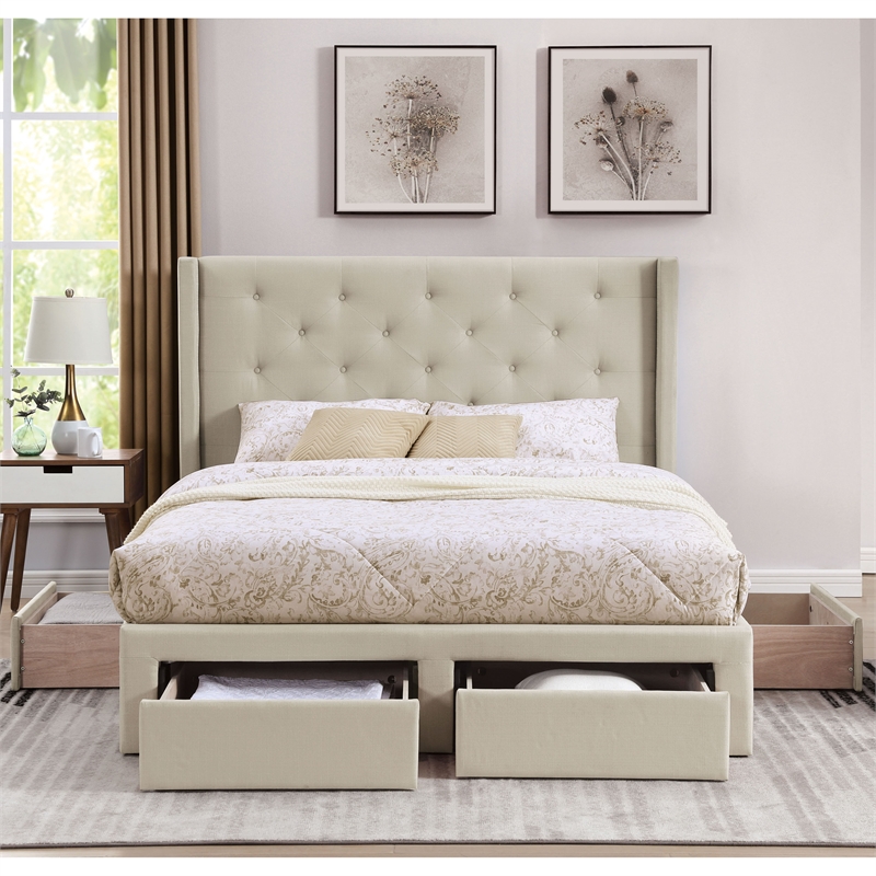 Furniture of America Laron Contemporary Fabric Storage Cal King Bed in Beige