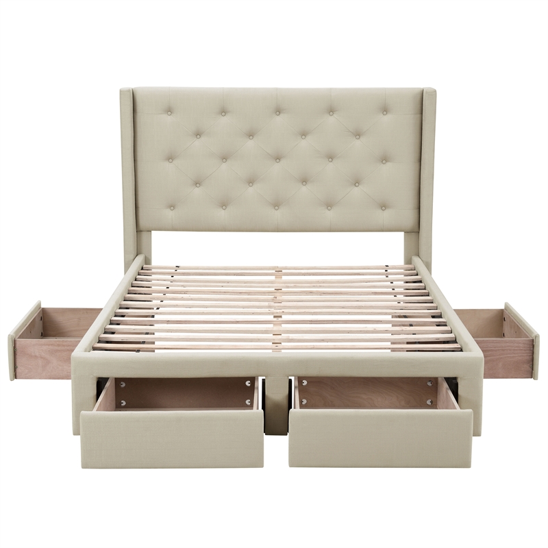 Furniture of America Laron Contemporary Fabric Storage Cal King Bed in Beige