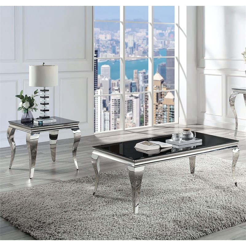 Furniture of America Alang Glass Top 2pc Coffee Table Set in Black and Silver
