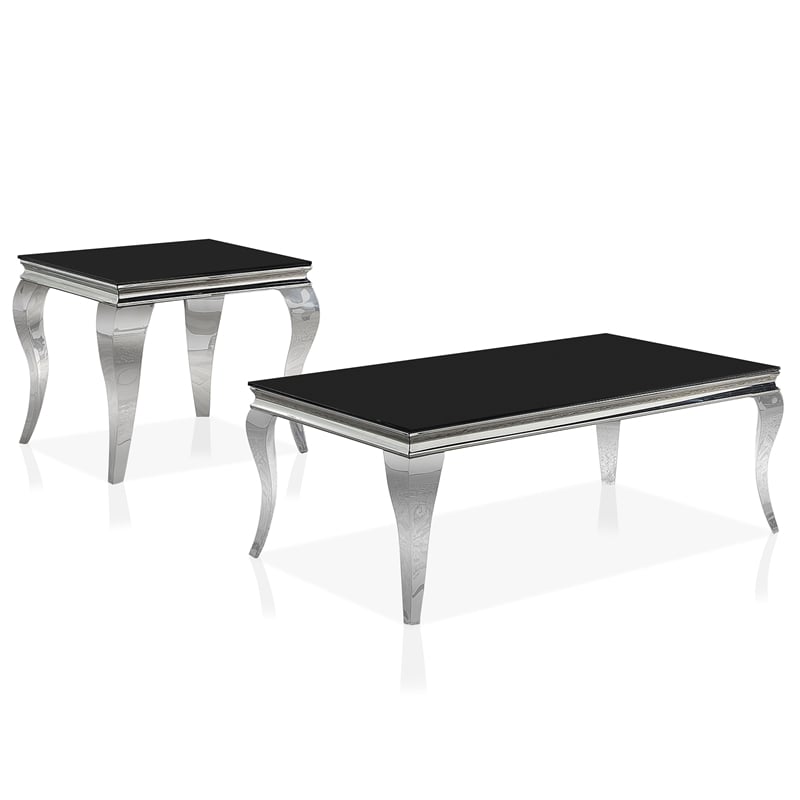 Furniture of America Alang Glass Top 2pc Coffee Table Set in Black and Silver