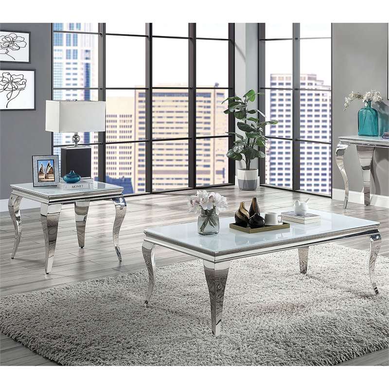 Furniture of America Alang Glass Top 2pc Coffee Table Set in White and Silver