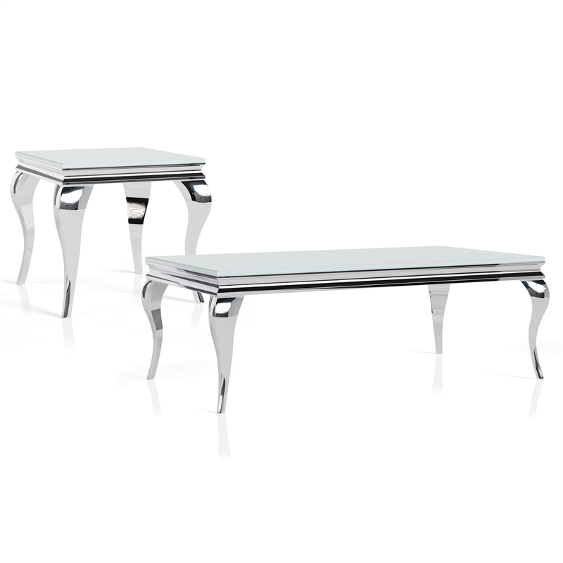Furniture of America Alang Glass Top 2pc Coffee Table Set in White and Silver