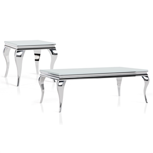 Furniture of America Alang Glass Top 2pc Coffee Table Set in White and Silver