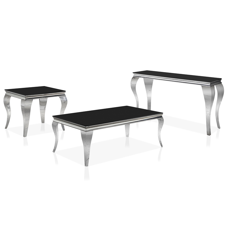 Furniture of America Alang Glass Top 3pc Coffee Table Set in Black and Silver