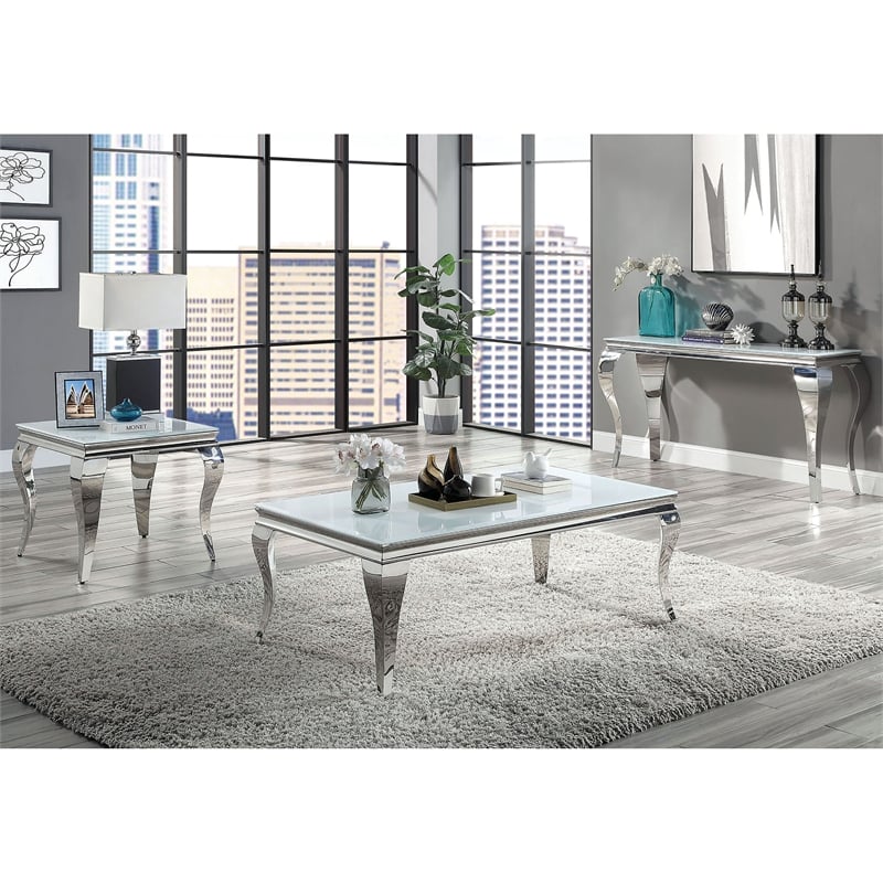 Furniture of America Alang Glass Top 3pc Coffee Table Set in White and Silver