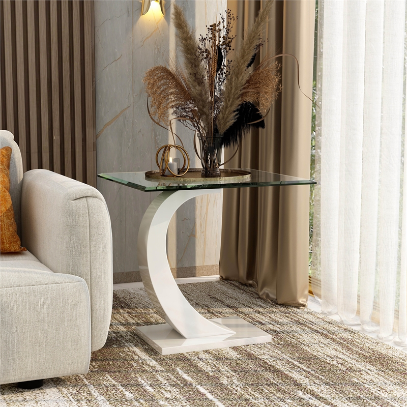 Furniture of America Navarre Glass Top End Table with White Base