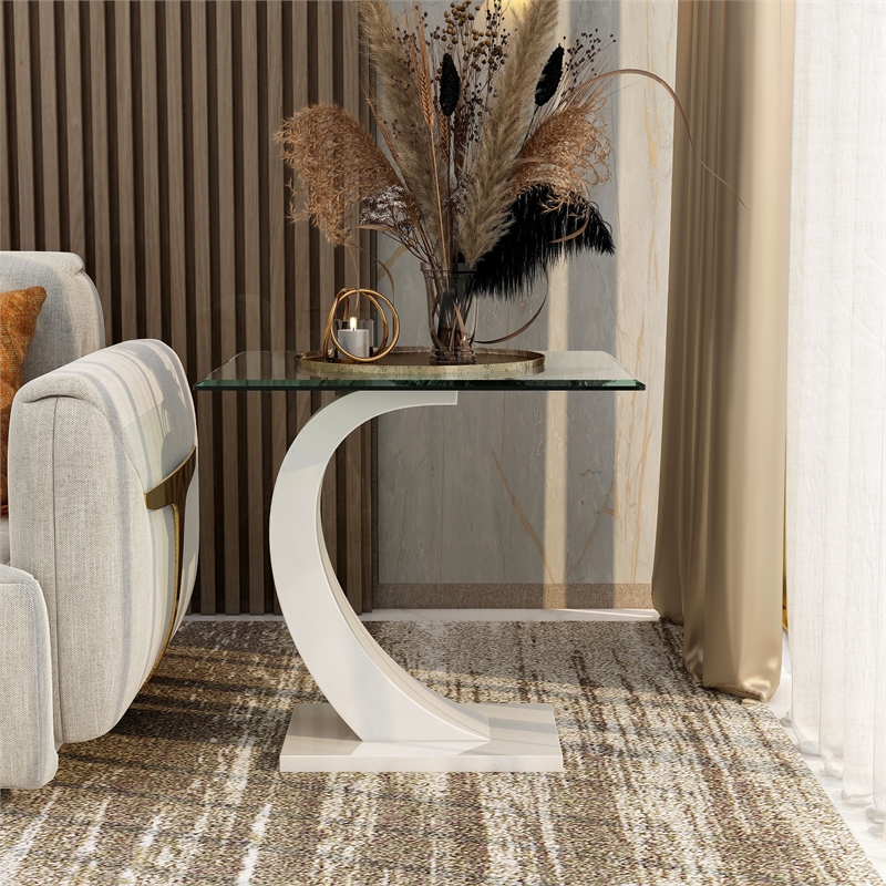 Furniture of America Navarre Glass Top End Table with White Base