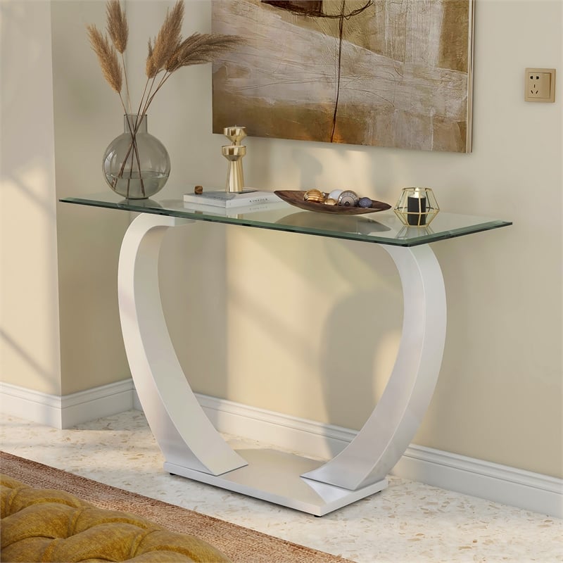 Furniture of America Navarre Glass Top Sofa Table with White Base