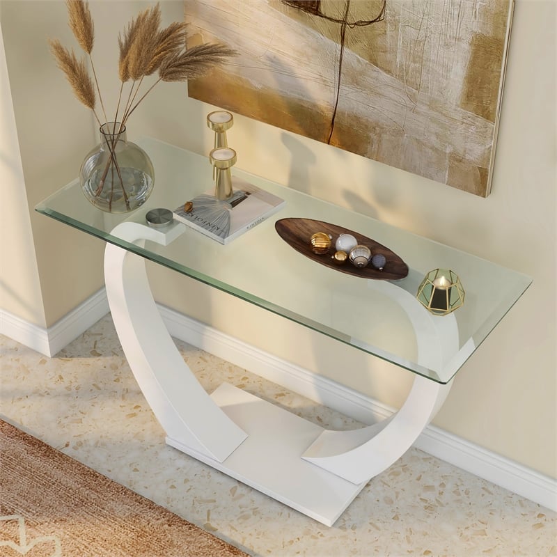Furniture of America Navarre Glass Top Sofa Table with White Base