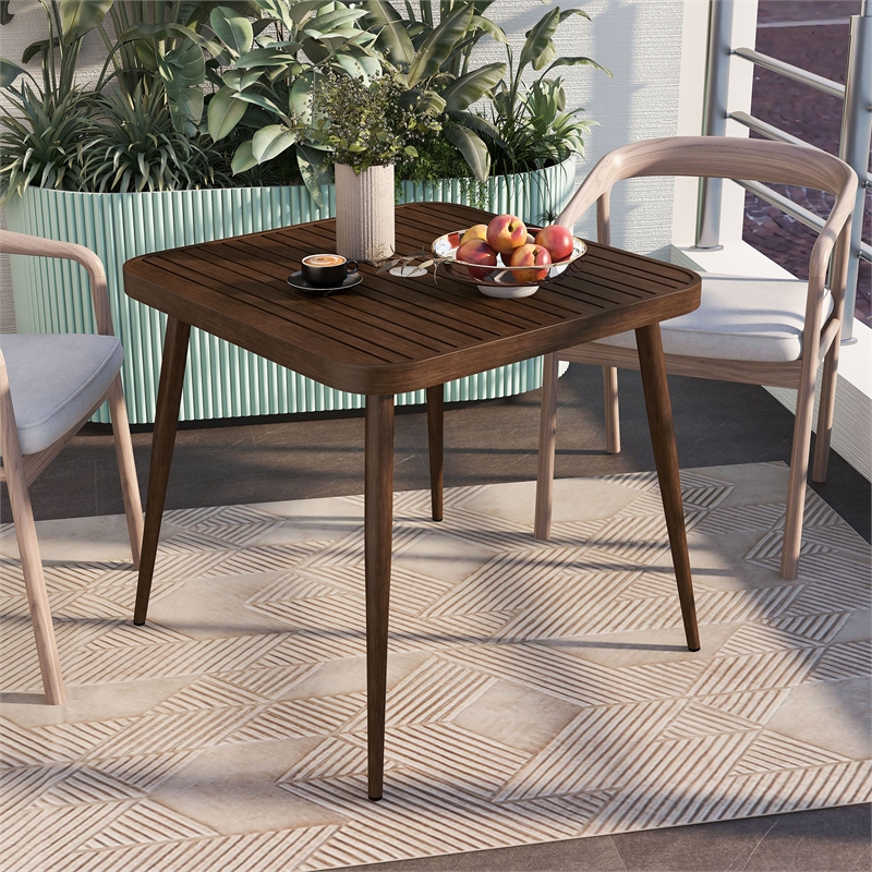 Furniture of America Hjem Aluminum Patio Dining Table with Umbrella in Walnut