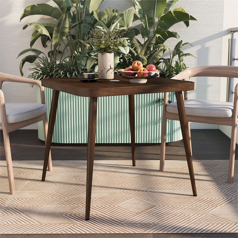 Furniture of America Hjem Aluminum Patio Dining Table with Umbrella in Walnut