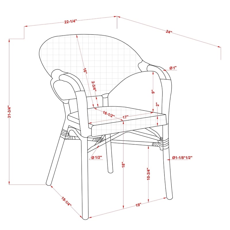 Furniture of America Tidez French Aluminum Patio Arm Chair in Red (Set of 2)