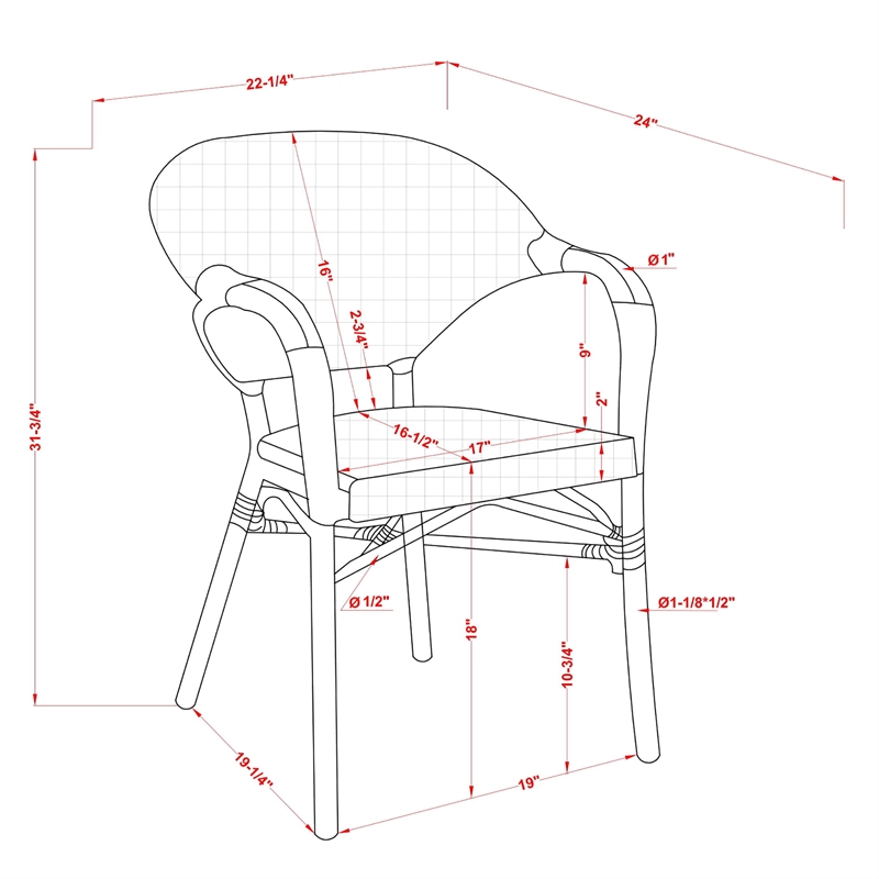 Furniture of America Tidez French Aluminum Patio Arm Chair in Red (Set of 4)