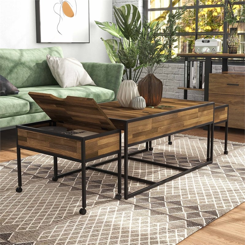 Furniture of America Froy Metal 3-Piece Nesting Table in Black and Walnut