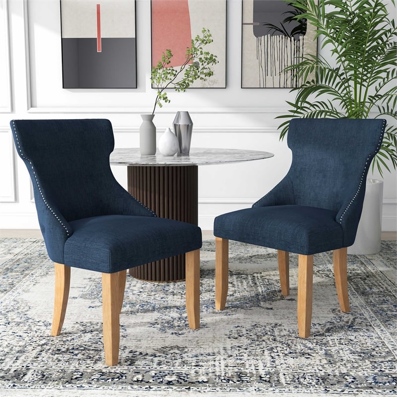 Furniture of America Glanz Fabric Wing-Back Side Chair in Dark Blue (Set of 2)