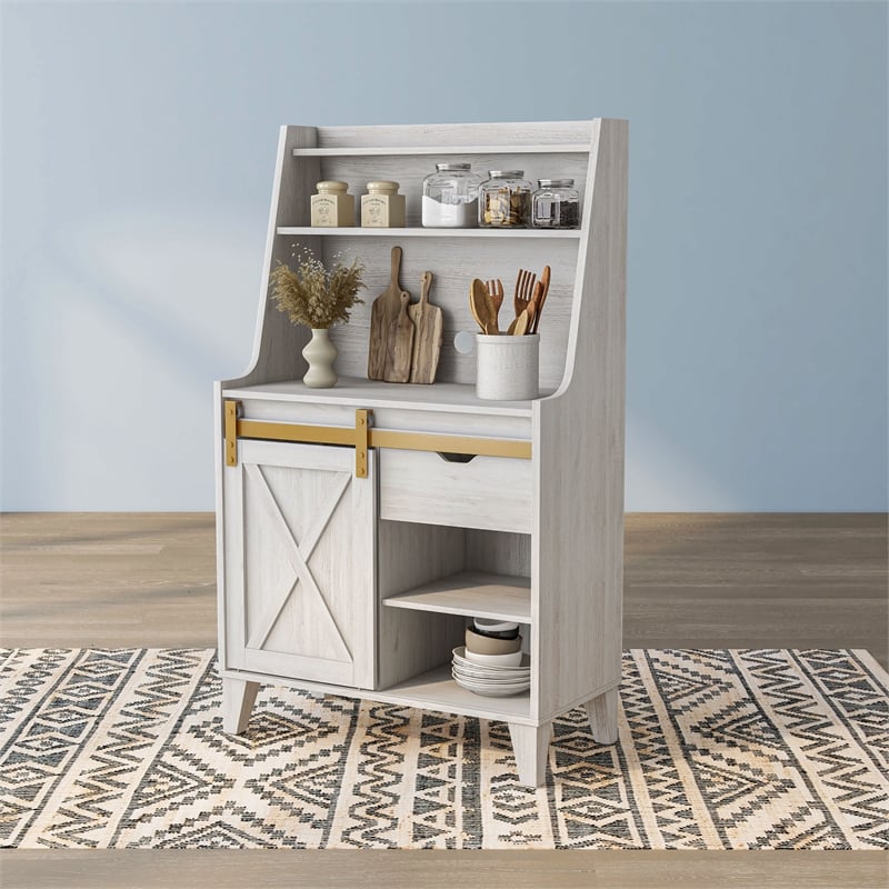 Furniture of America Birch Wood Baker Rack with Sliding Door in White Oak