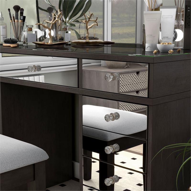 Furniture of America Glanz Wood 3-Piece Vanity Set with USB and LED in Gray