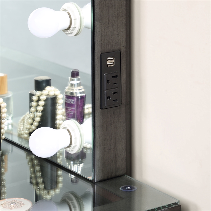 Furniture of America Glanz Wood 3-Piece Vanity Set with USB and LED in Gray