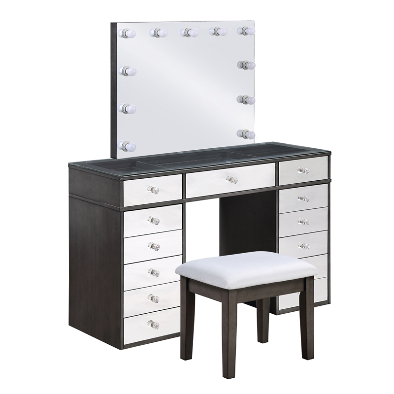 Furniture of America Glanz Wood 3-Piece Vanity Set with USB and LED in Gray