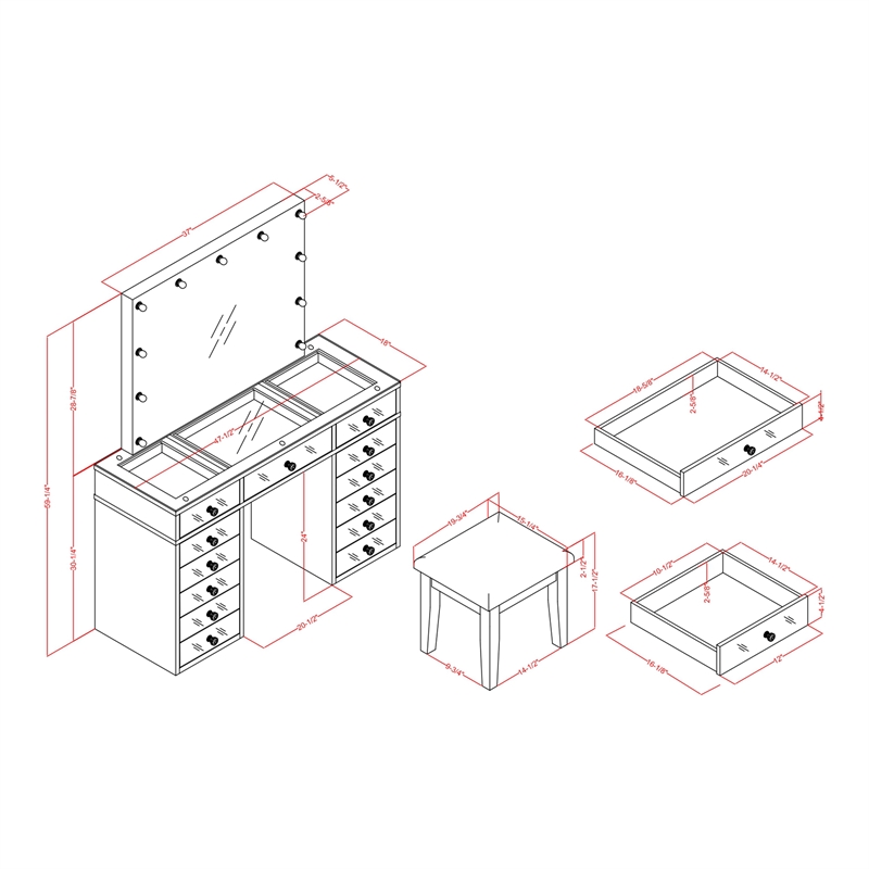 Furniture of America Glanz Wood 3-Piece Vanity Set with USB and LED in Gray