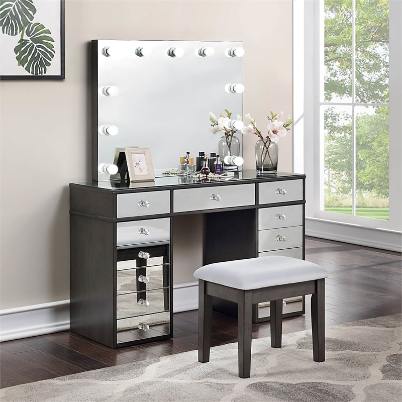 Furniture of America Glanz Wood 3-Piece Vanity Set with USB and LED in Gray