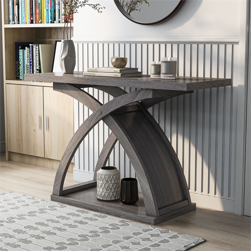 Furniture of America Nipran Wood Sofa Table with Curved Legs in Distressed Gray