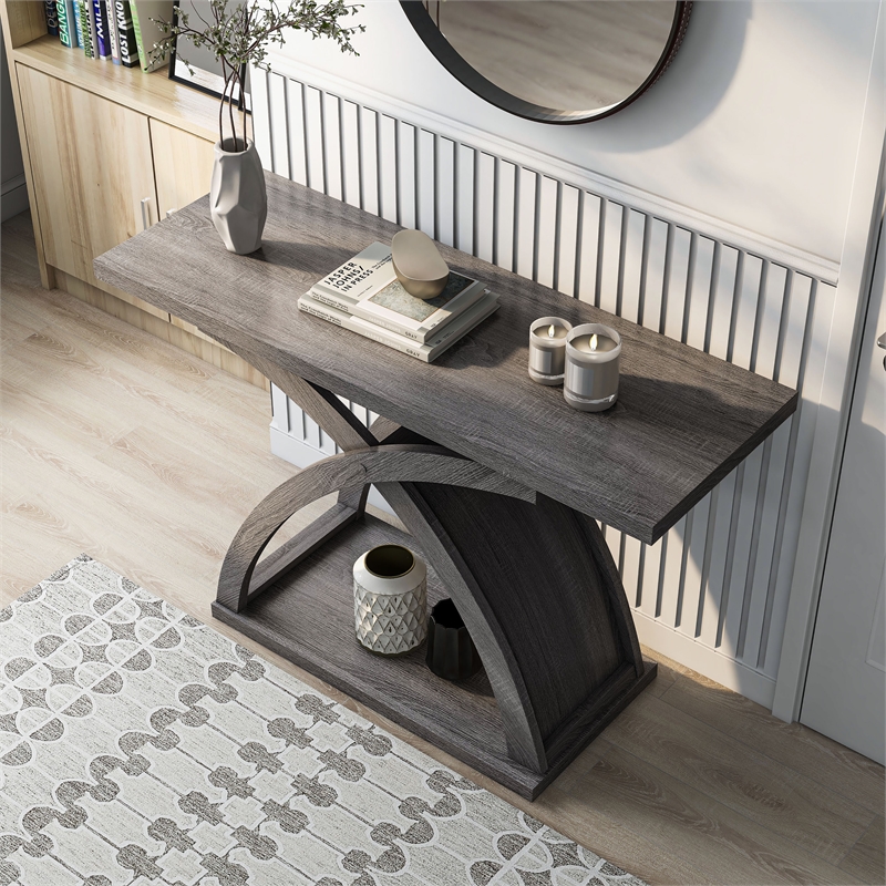 Furniture of America Nipran Wood Sofa Table with Curved Legs in Distressed Gray